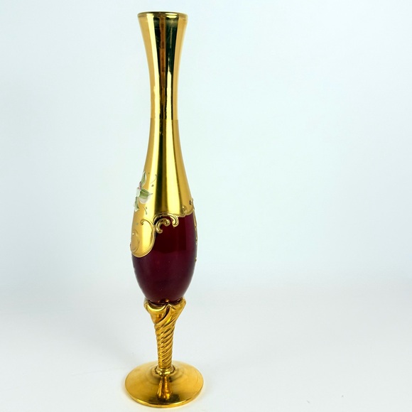 VTG Murano Venetian Ruby Glass & 24K Gold Paint 11” Hand Painted Floral Bud Vase - Picture 9 of 16